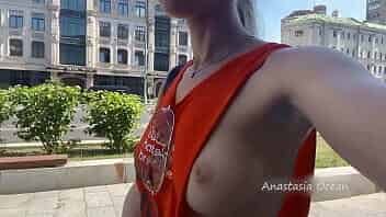 Anastasia Ocean. walk in sexy t-shirt. flashing outside. video