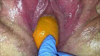 Tight pink pussy stretch open and gape by orange and apple intense fruit popping out of pink hole video